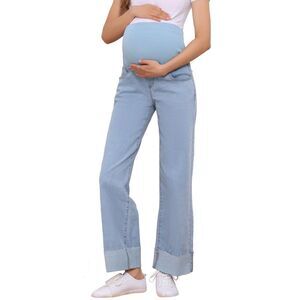 Maternity Straight Leg Cuffed Comfy Over Belly Support Denim Pants Light Blue